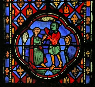 Window depicting Theophilus negotiating with a demon by French School